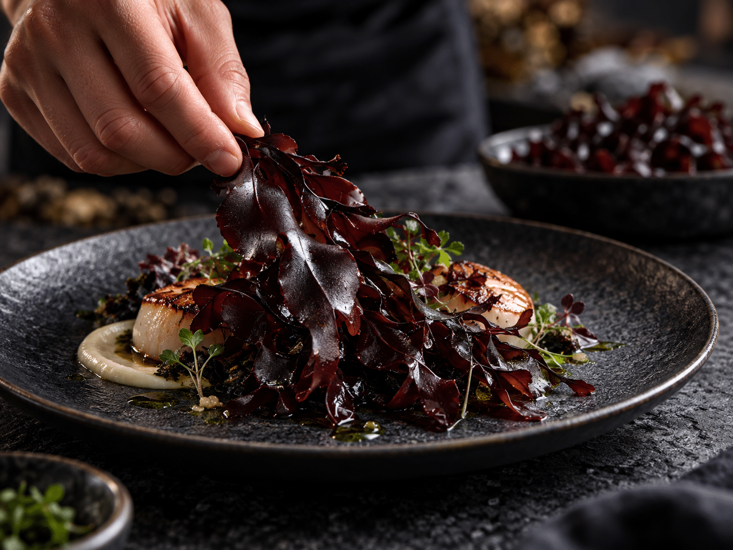 Frischer dunkelroter Lappentang wird in einem Fine-Dining-Gericht mit Jakobsmuscheln und Kräutern angerichtet.