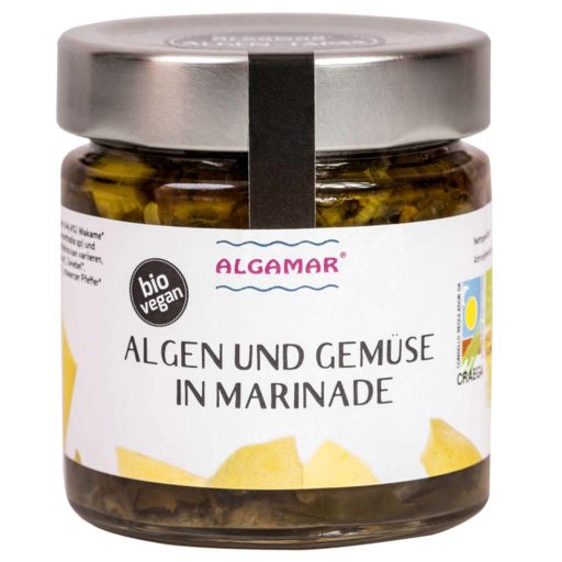 Produktfoto eines 190g Glases mit Algamar Algen und Gemüse in Marinade