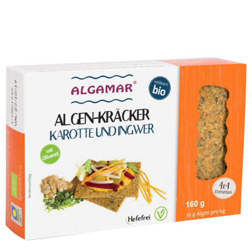Produktfoto 160g Packung Algamar Algen Kräcker mit Karotte und Ingwer