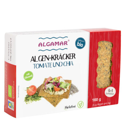 Produktfoto 160g Packung Algamar Algen Kräcker mit Tomate und Chia