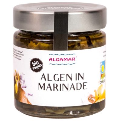 Produktfoto eines 190g Glases mit Algamar gemischte Atlantik-Algen in Marinade