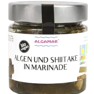Produktfoto eines 160g Glases mit Algamar Algen und Shiitake in Marinade