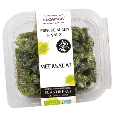 Foto der 100g Packung frische Meersalat-Algen in Salz von Algamar
