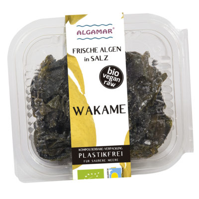 Foto der 100g Packung frische Wakame-Algen in Salz von Algamar
