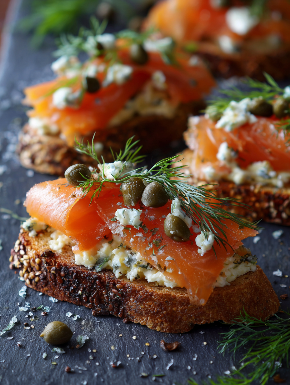 Foto von Karottenlachs auf knusprigem Toast mit Frischkäse, garniert mit frischem Dill und geschnittenen Kapernäpfeln, aufgenommen aus der Vogelperspektive auf einem dunklen Tisch